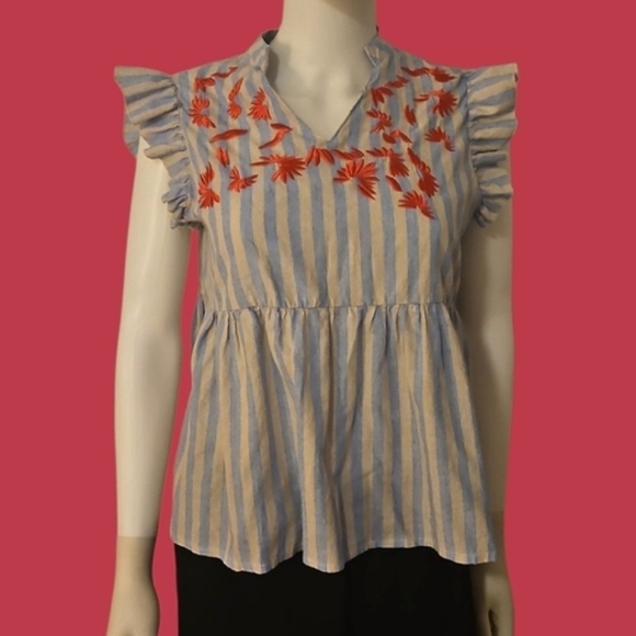 KINDRED Striped Ruffle Sleeve Floral Embroidered Peasant Peplum Babydoll Top - Picture 1 of 8